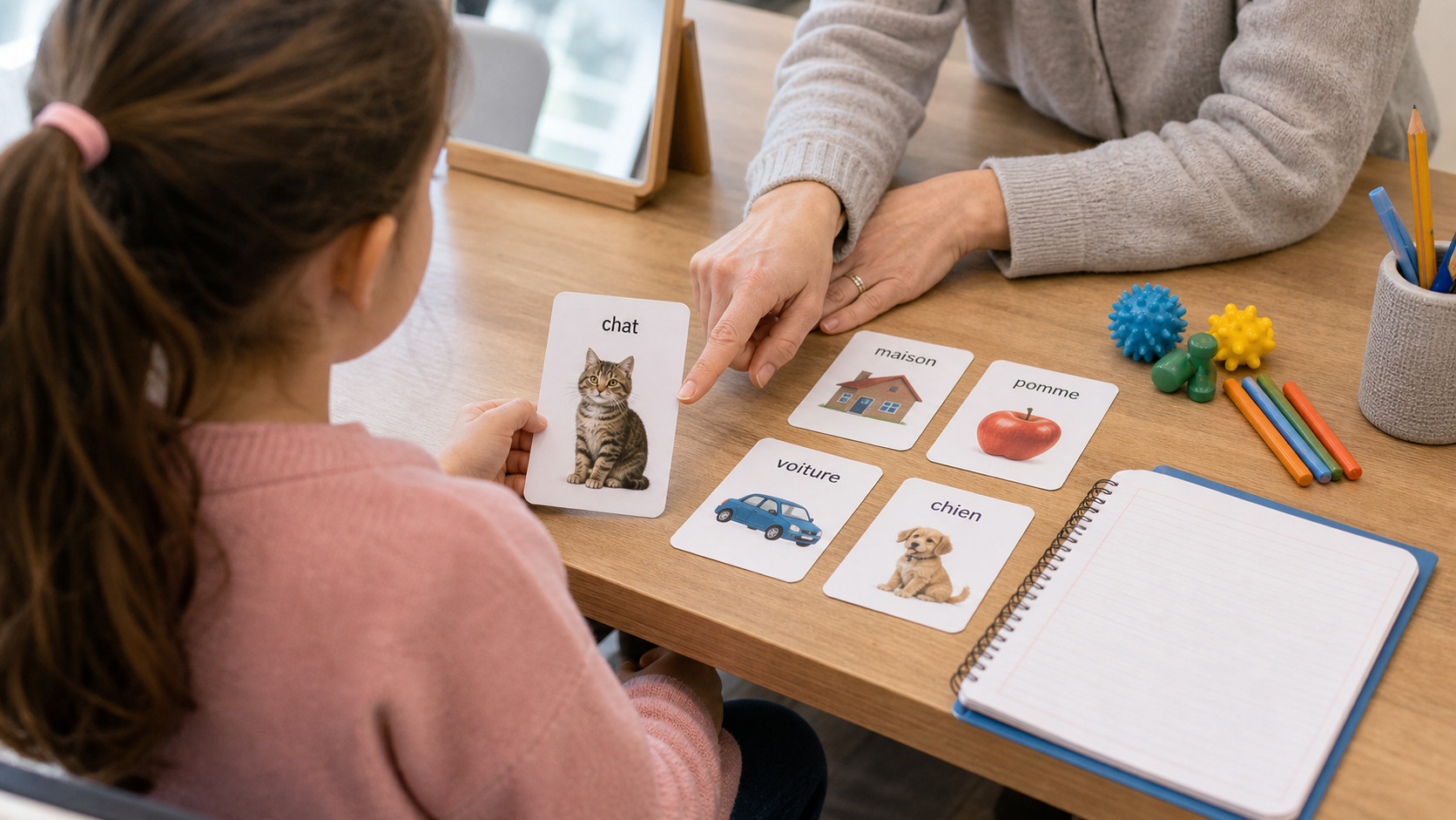 Enfant avec images de vocabulaire, carnet scolaire et matériel d'orthophonie